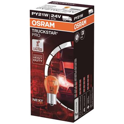 Un emballage pour une ampoule OSRAM PY21W 24V 21W, modèle TRUCKSTAR PRO, adaptée aux camions, avec une durée de vie prolongée et un design robuste.
