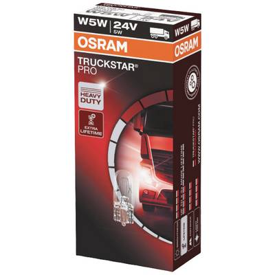 Emballage d'une ampoule OSRAM Truckstar Pro 24V W5W. Montre un camion et met en avant 'robuste' ainsi que 'durée de vie prolongée'.