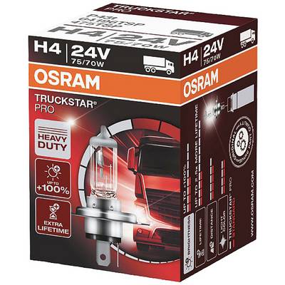 Emballage d'une ampoule Osram H4 24V 75/70W Truckstar Pro avec des informations sur la durabilité et la luminosité. Image d'un camion.