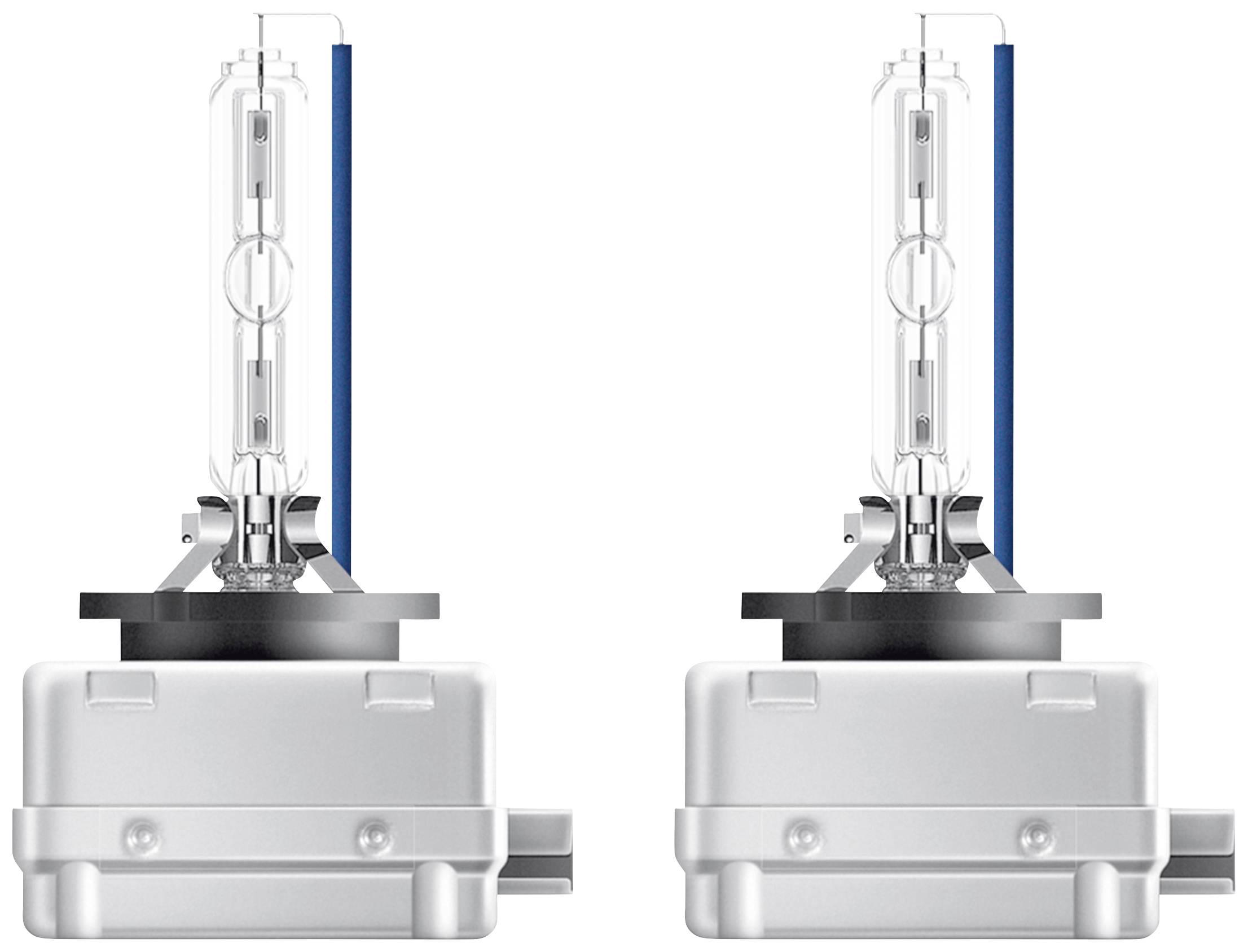 Deux lampes Xenon identiques dans un boîtier blanc. Elles présentent des parties cylindriques en verre transparentes, encadrées par des bandes bleues.