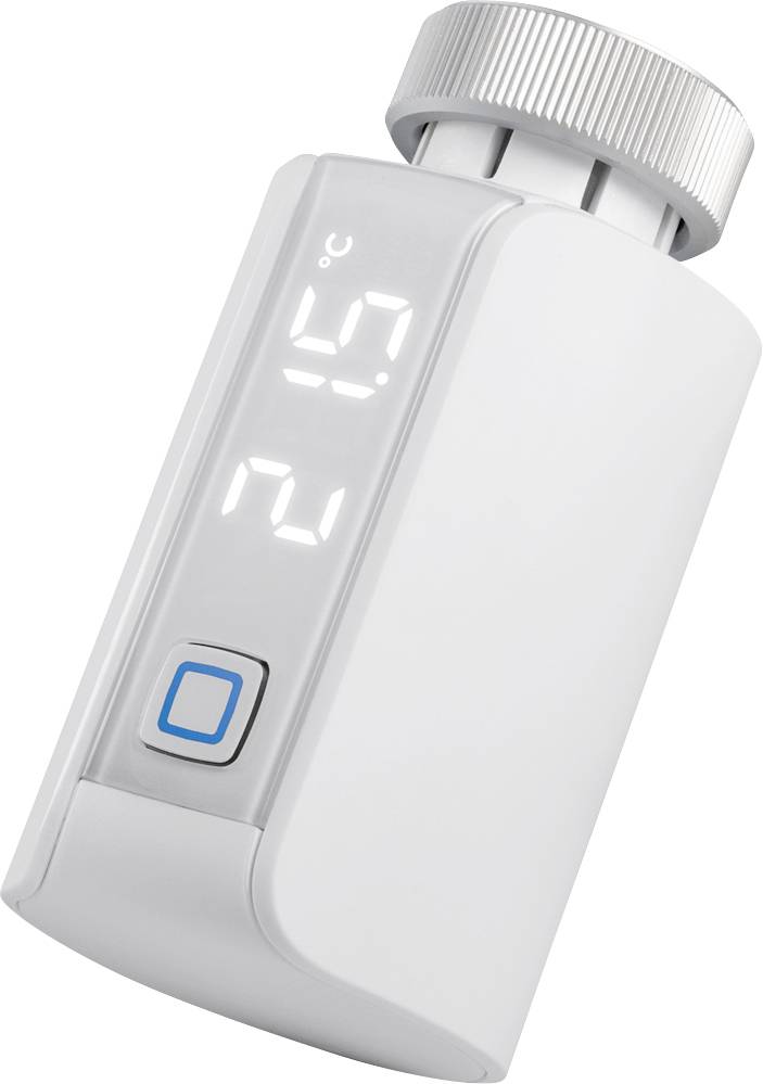 Un robinet thermostatique numérique avec écran affiche '21 °C'. Il dispose d'un bouton pour les réglages.