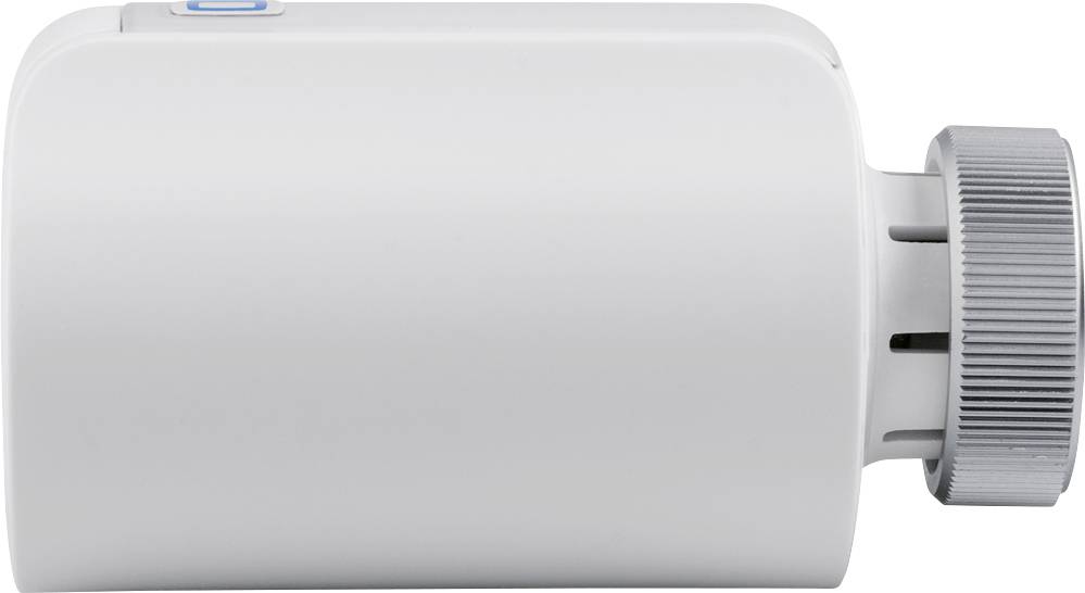 Un appareil blanc, cylindrique, avec un bouton rotatif gris sur le côté droit. Il semble s'agir d'un thermostat de radiateur.