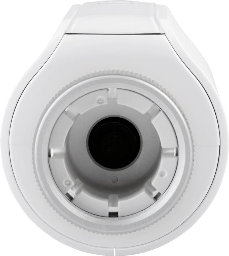 Un gros plan d'un bouchon d'objectif blanc avec un objectif central et des détails mécaniques visibles.