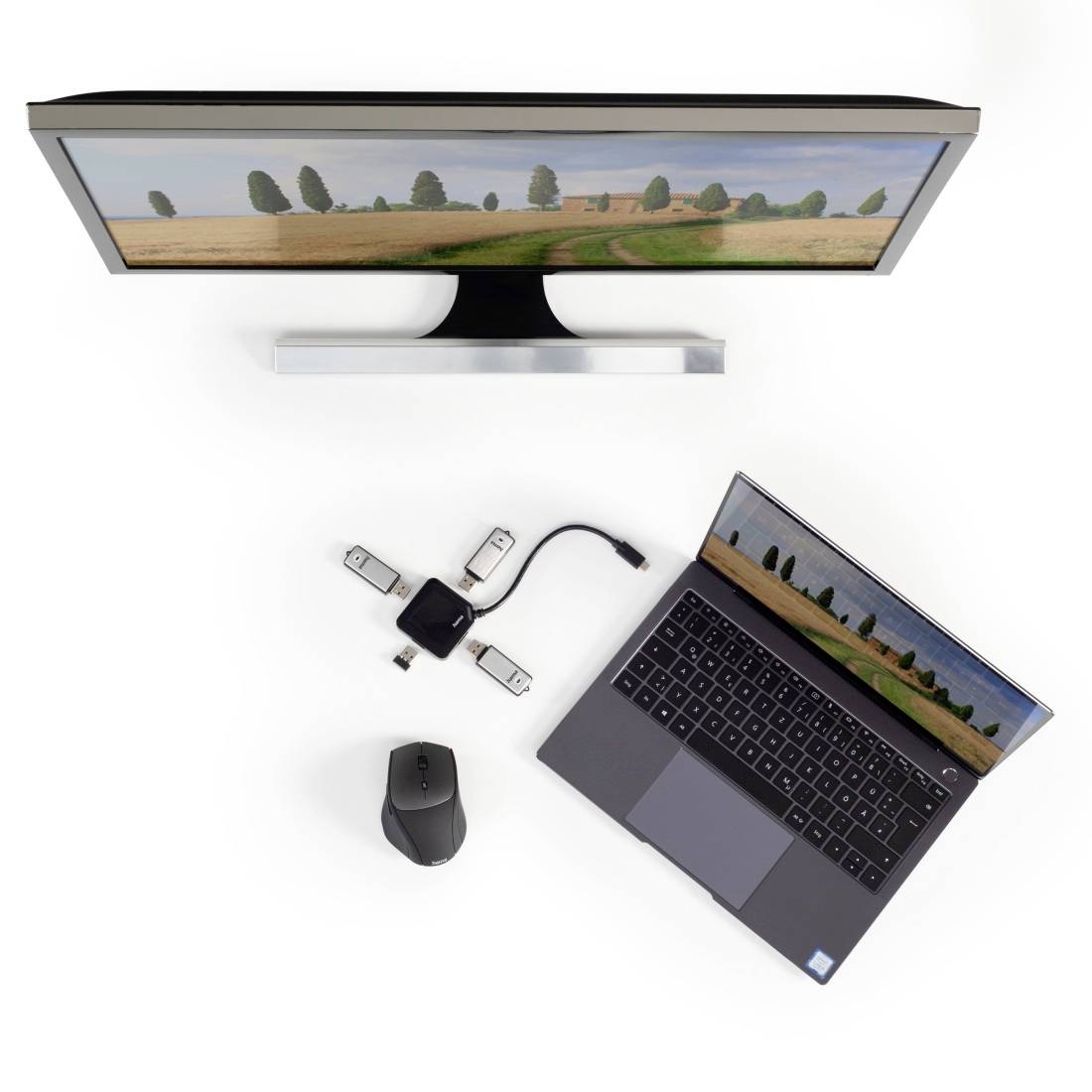 Un ordinateur portable et un écran, tous deux avec un paysage comme fond d'écran. Une souris sans fil et un hub USB sont placés à côté.