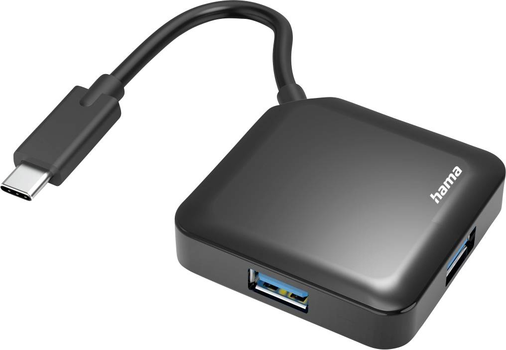 Un hub USB-C noir de Hama avec plusieurs ports USB. Idéal pour étendre les connexions d'un ordinateur portable ou d'une tablette.