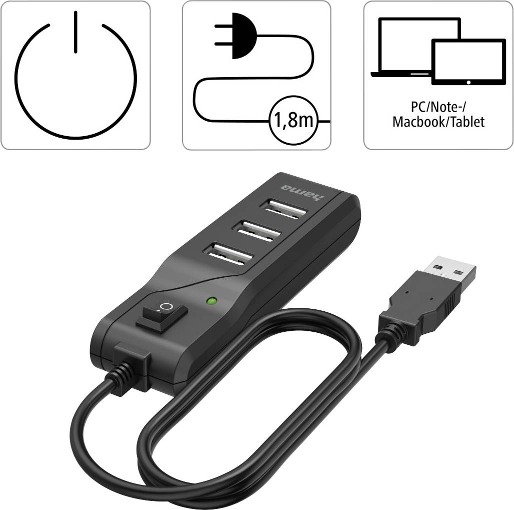Hub USB avec trois ports et interrupteur marche/arrêt, adapté pour PC, ordinateur portable, Macbook ou tablette. Inclut un câble d'alimentation de 1,8 m de long.