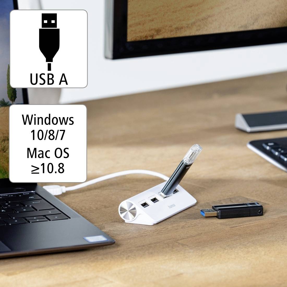 Hub USB sur un bureau, connecté à un ordinateur portable. Compatible avec Windows, Mac OS. Comprend plusieurs ports USB.