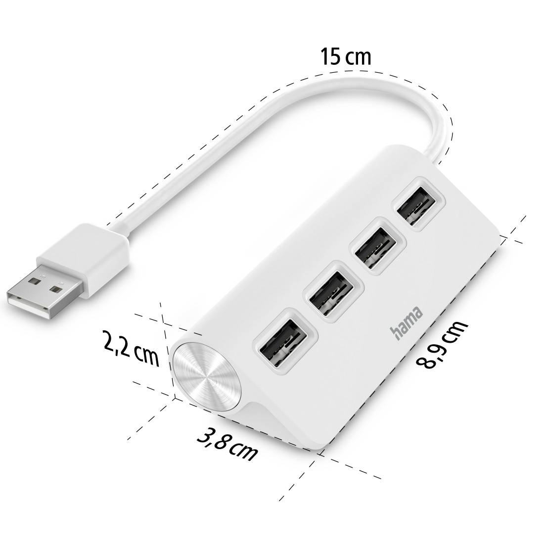 Hub USB avec 4 ports ; Dimensions : 15 cm de longueur de câble, 8,9 cm de long, 3,8 cm de large, 2,2 cm de hauteur ; Couleur : Blanc ; Marque : Hama.