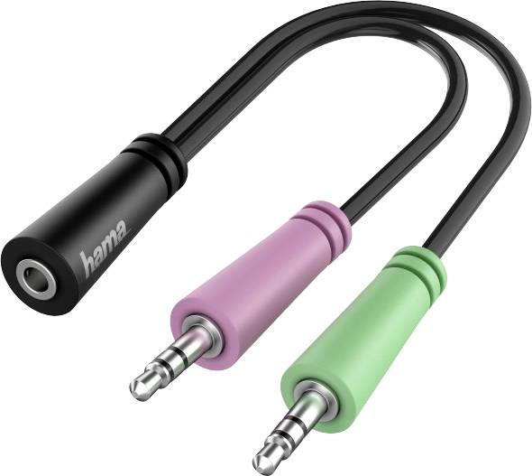 Un adaptateur audio noir avec deux fiches jack colorées : rose et verte. Permet de connecter des écouteurs à des appareils pour partager l'audio.
