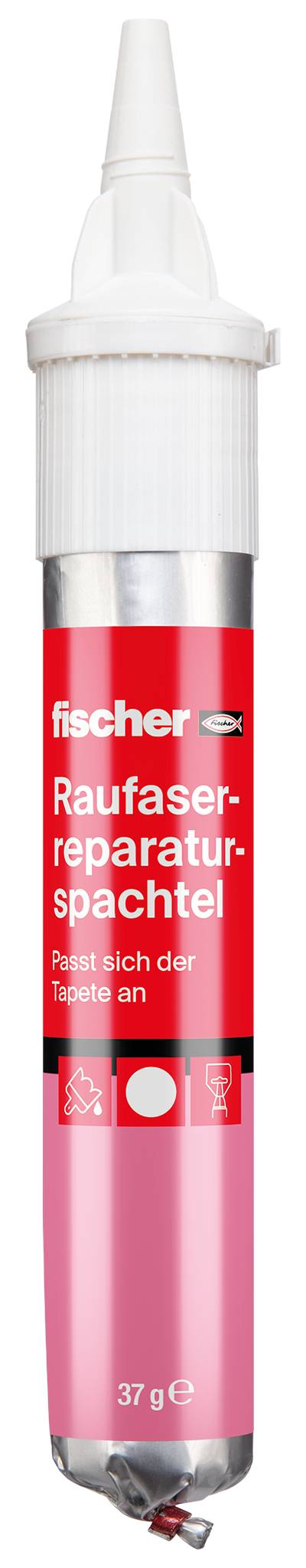 Tube de conditionnement cylindrique avec une étiquette rouge portant l'inscription 'Enduit de réparation pour papier peint structuré'. Marque et symboles visibles.