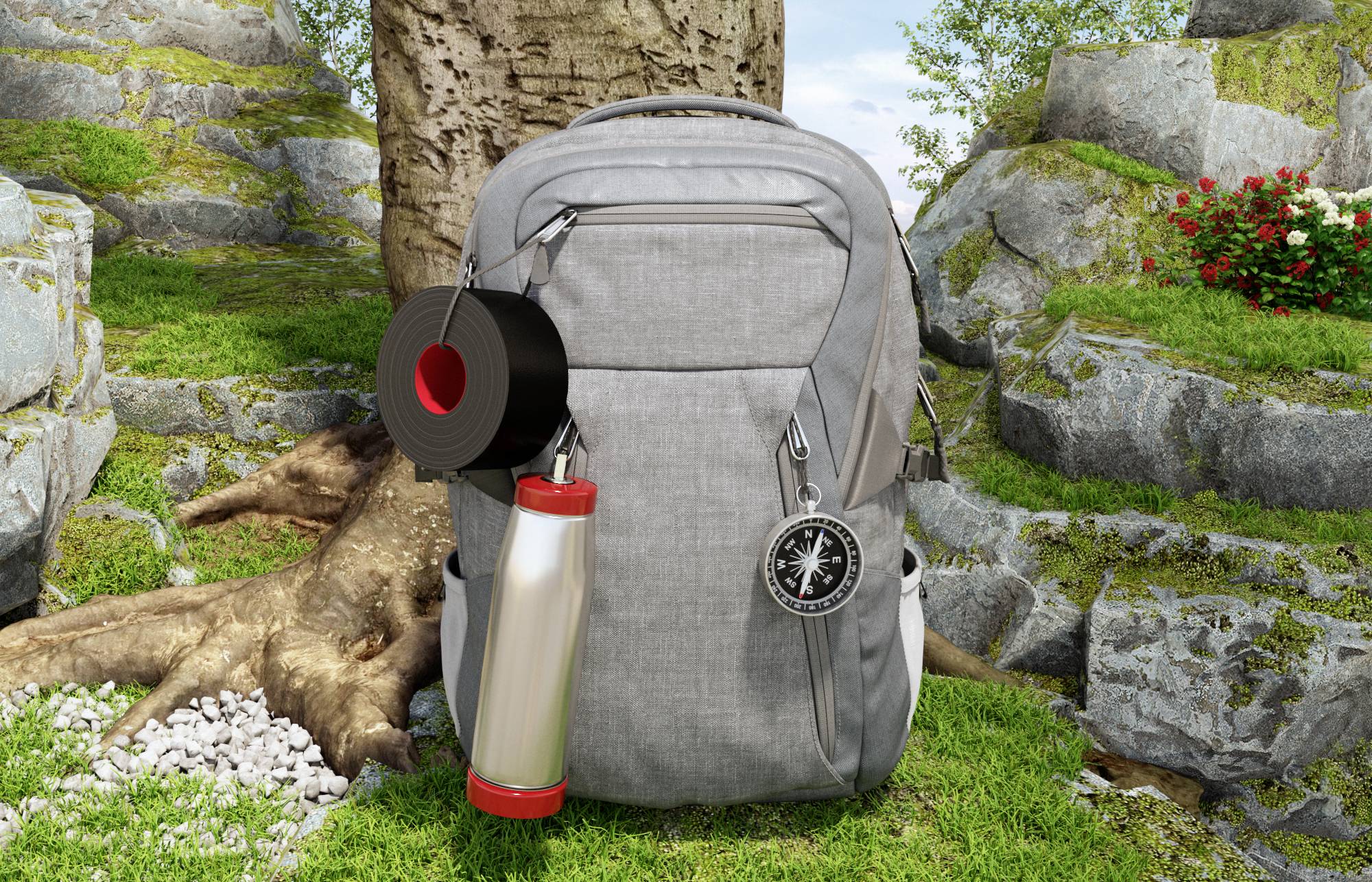 Sac à dos gris devant un arbre, avec une boussole, du ruban adhésif noir et une lampe de poche fixés aux sangles. Environnement avec des rochers et des fleurs.