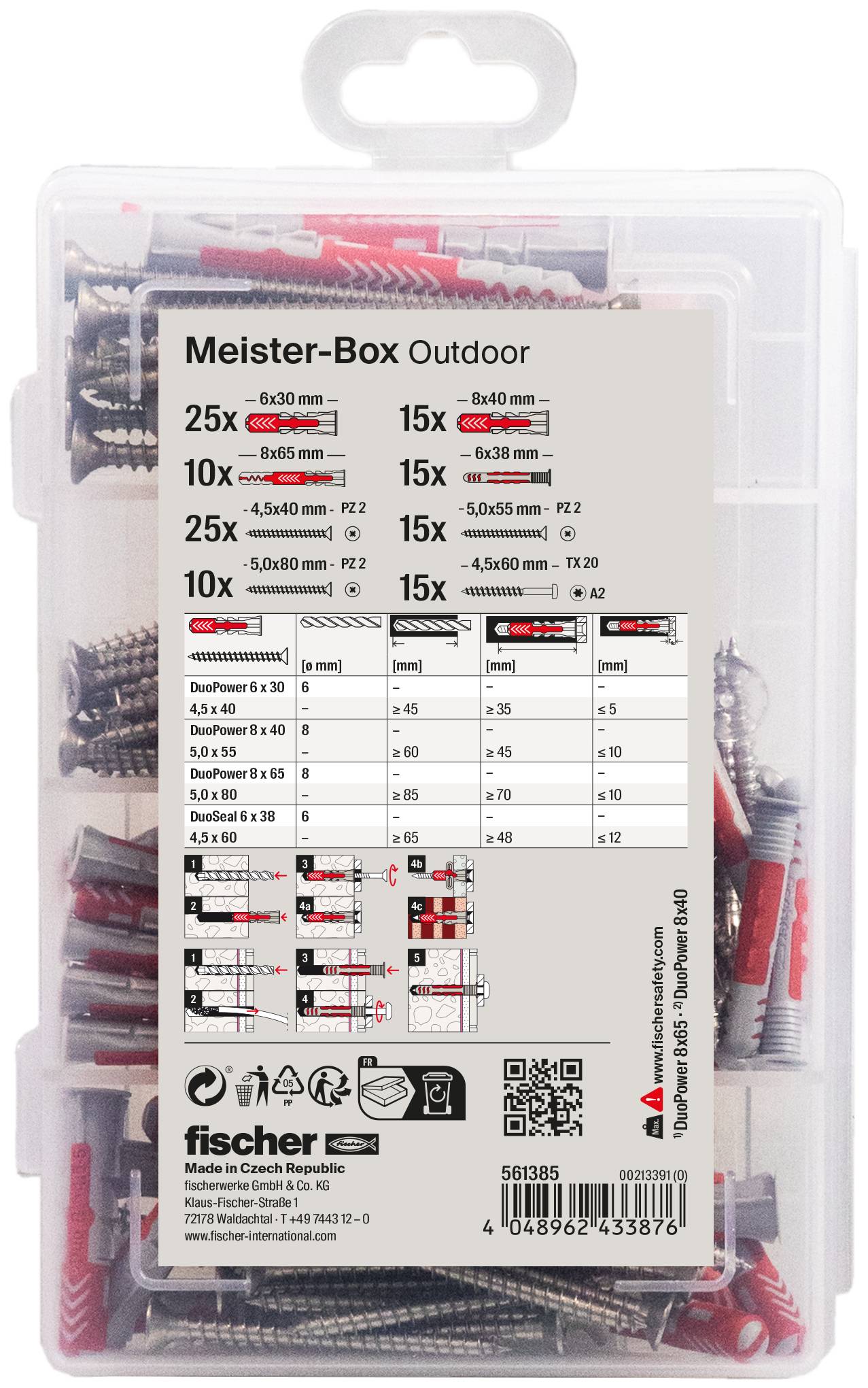 Meister-Box Extérieur avec chevilles et vis de différentes tailles pour une utilisation en extérieur. Comprend un tableau récapitulatif des spécifications.