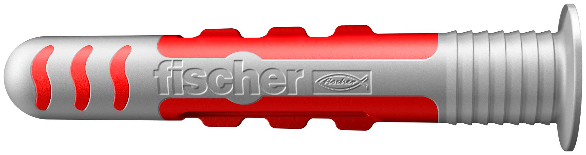 Un cheville grise et rouge de la marque 'fischer'.