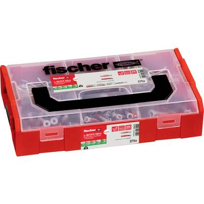 Boîte L-BOXX Mini Fischer rouge avec couvercle transparent et poignée, étiquetée « fischer », contenant une assortiment de chevilles murales et de vis.
