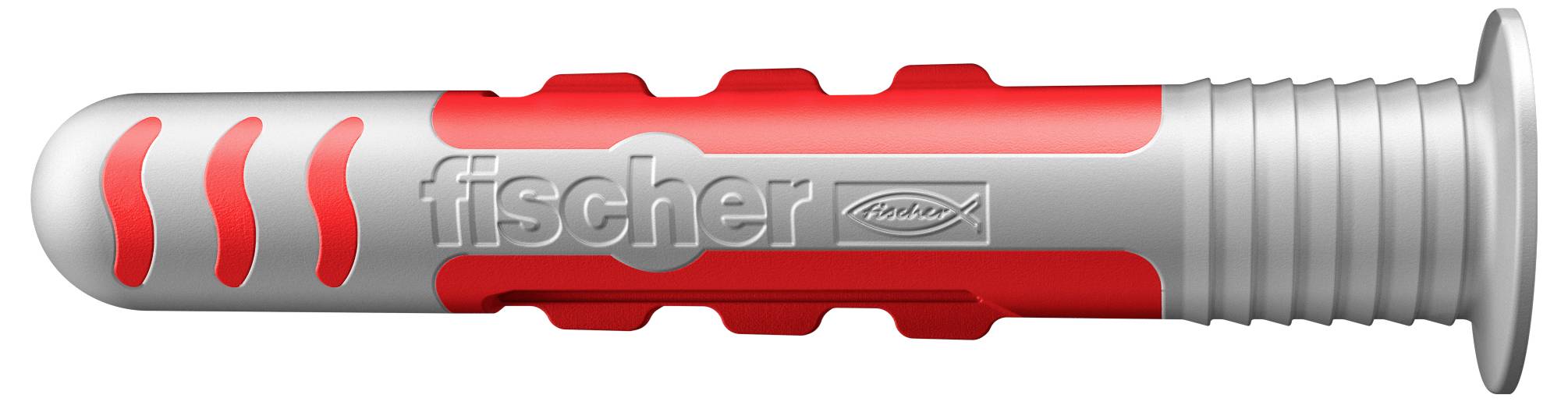 Un cheville grise et rouge de la marque 'fischer' avec un design strié, adaptée à diverses applications de fixation dans les matériaux muraux.