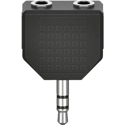 Un répartiteur audio noir avec une fiche jack de 3,5 mm en bas et deux ports en haut, adapté pour connecter plusieurs casques.