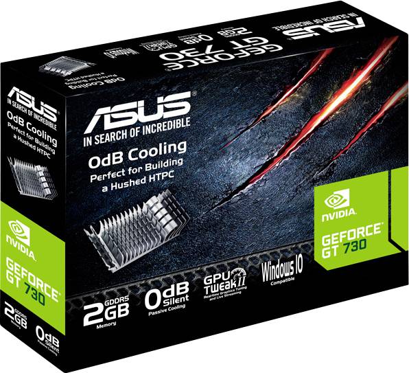 Un emballage de carte graphique ASUS GeForce GT 730, affichant 2 Go de mémoire GDDR5, un refroidissement 0 dB, et une compatibilité avec Windows 10.