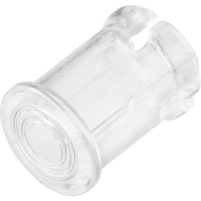 Un élément en plastique transparent, cylindrique, avec des bords arrondis et une surface lisse, probablement un bouchon.