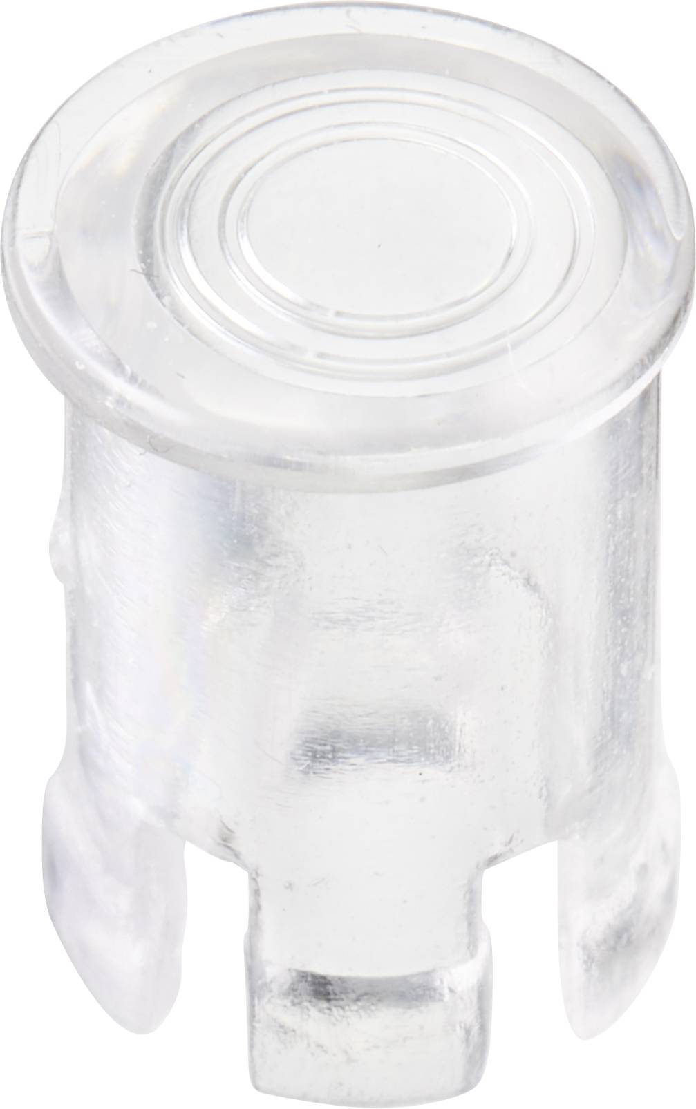 Un stylo en plastique transparent, cylindrique, avec une tête ronde et plate. Il semble avoir une structure relativement simple.