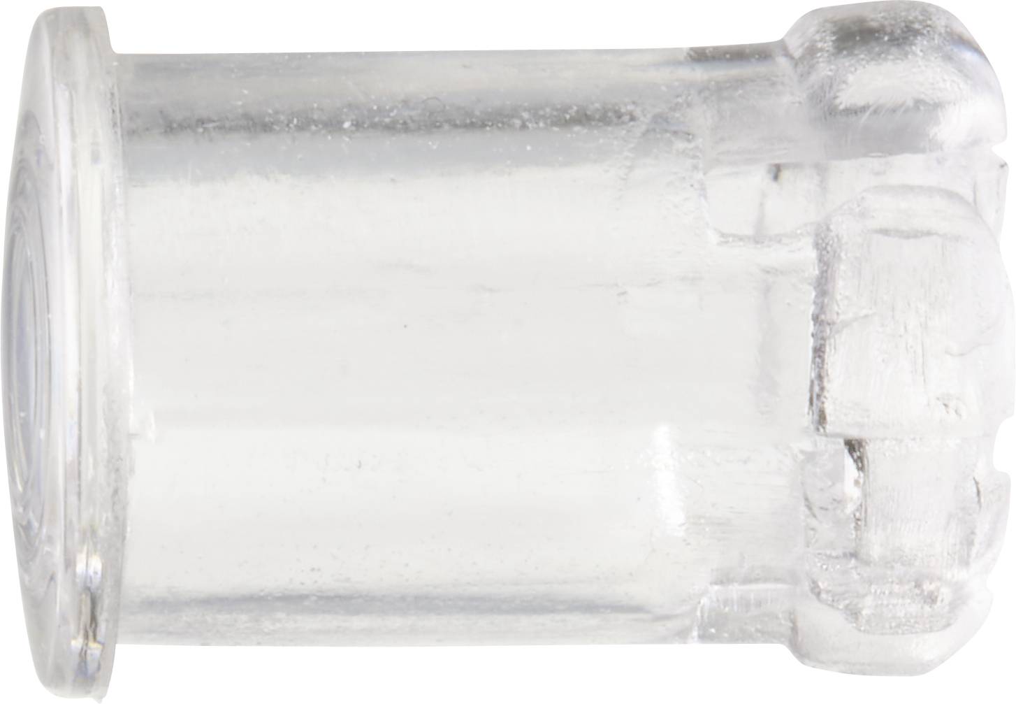 Un bouchon cylindrique transparent en plastique avec un bord biseauté, utilisé pour sceller de petites ouvertures ou extrémités.