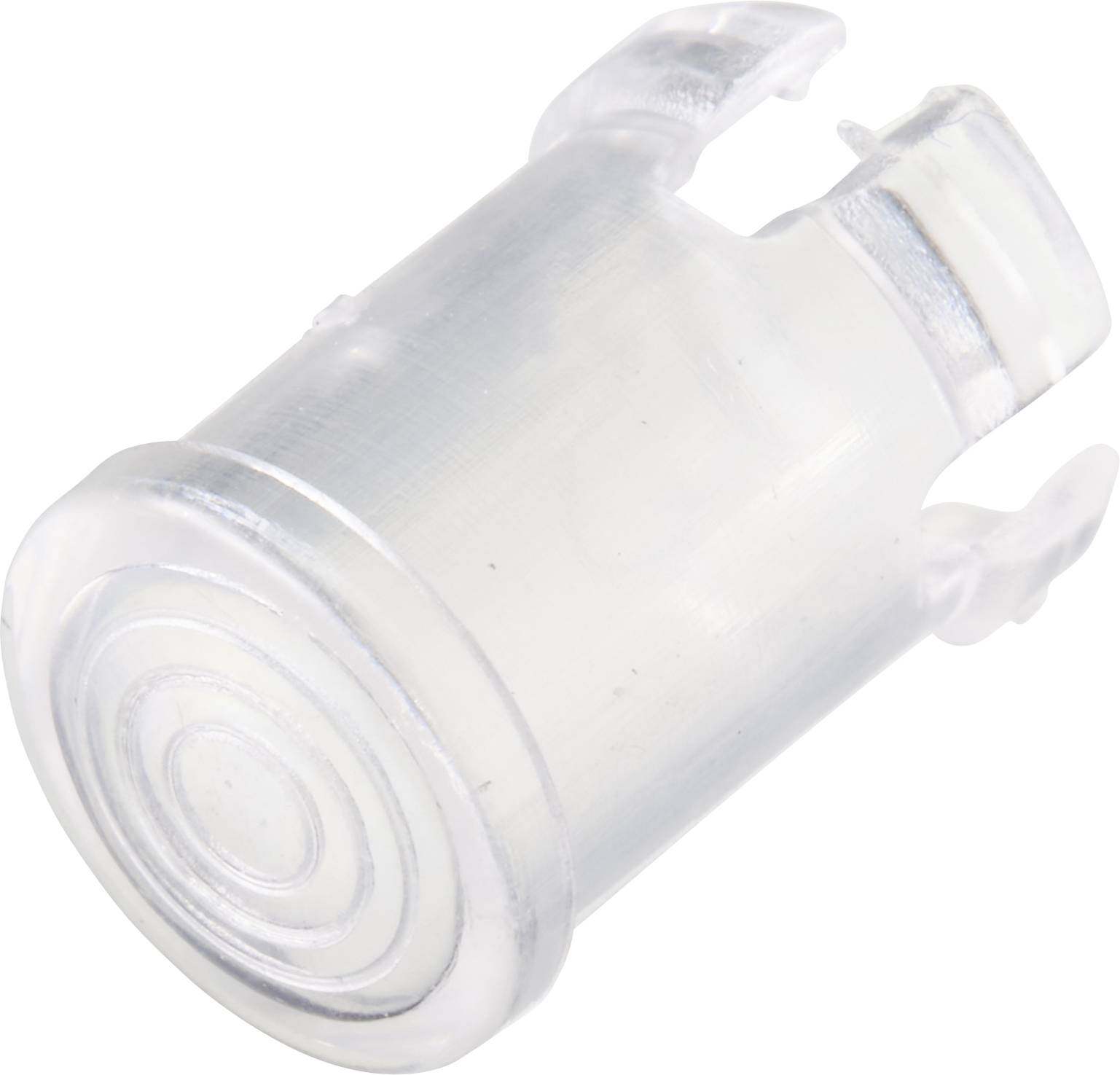 Un connecteur en plastique transparent avec une surface supérieure striée et deux clips latéraux pour un verrouillage encliquetable.