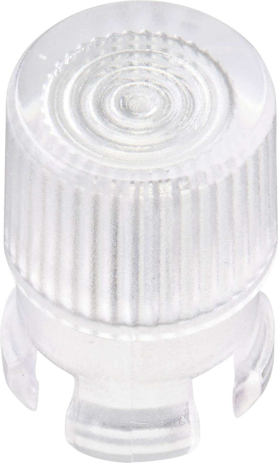 Un bouchon cylindrique en plastique transparent, à surface cannelée et extrémité supérieure arrondie, probablement destiné à une fonction de protection ou d'étanchéité.