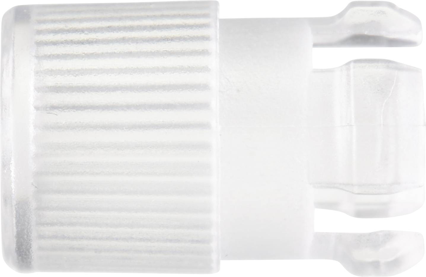 Un bouchon en plastique transparent à bord strié et deux crochets latéraux, probablement destiné à une bouteille ou un récipient.