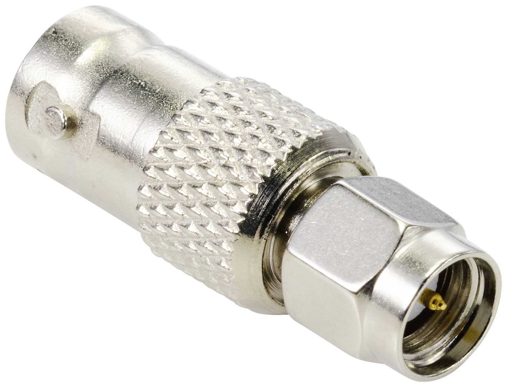Un adaptateur avec une connexion BNC et une connexion coaxiale. Il est en métal, avec une partie centrale cannelée pour une meilleure prise en main.