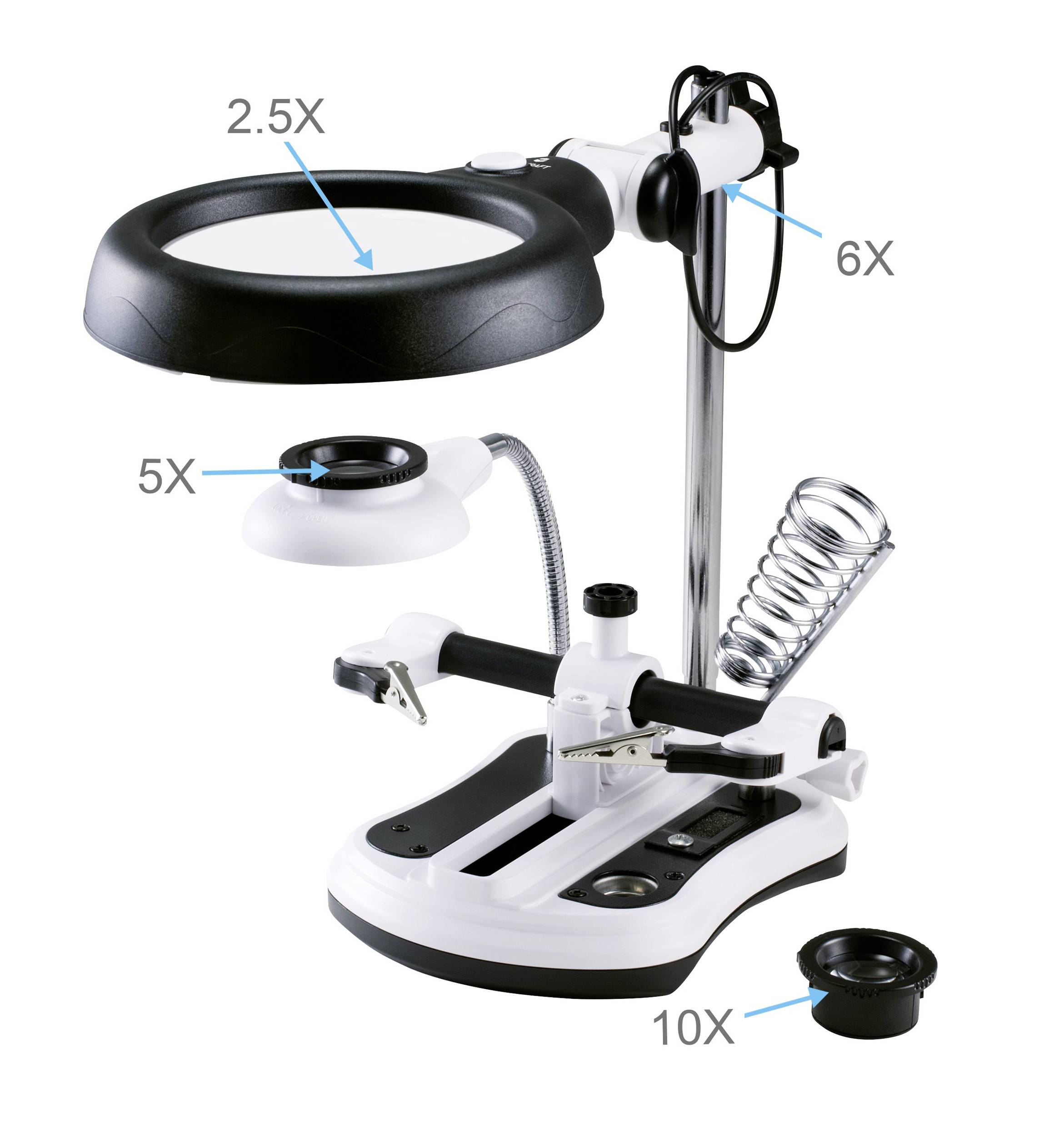 Microscope avec différents grossissements : 2,5x, 5x, 6x et 10x. Bras flexible, base stable, adapté pour des observations détaillées.