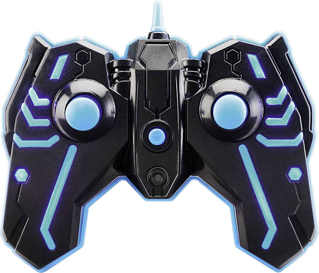 Manette de jeu noir et bleu au design futuriste, dotée de plusieurs boutons pour contrôler des jeux vidéo.