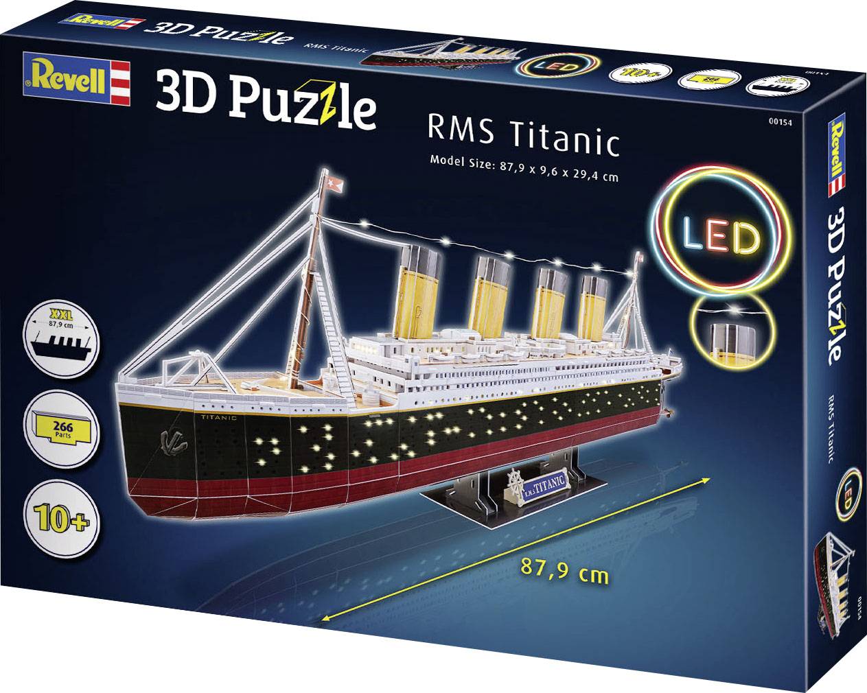 Puzzle 3D Revell du RMS Titanic avec éclairage LED. Taille du modèle : 87,9 x 9,6 x 29,4 cm. Recommandé à partir de 10 ans, 266 pièces.
