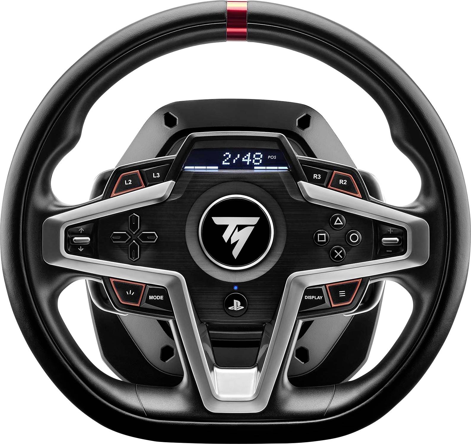 Volant de jeu avec touches et écran central, affichant le numéro '2.148'. Adapté pour les simulateurs de course et le gaming.