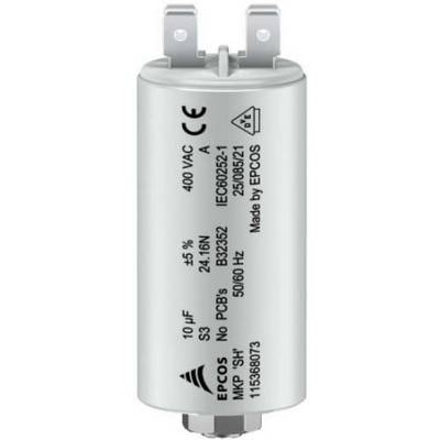 Un condensateur cylindrique portant l'inscription '10 µF, 400 VAC, 50/60 Hz, Made by EPCOS', adapté aux applications électriques.