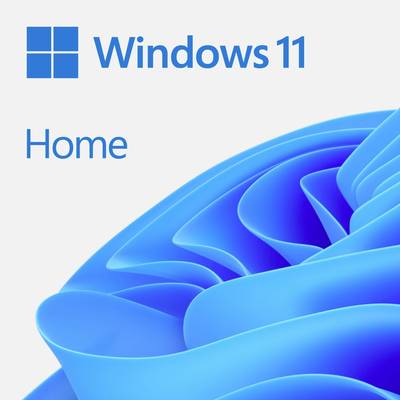 Carte mère Windows 11 avec l'inscription 'Home' sur un fond bleu ondulé.