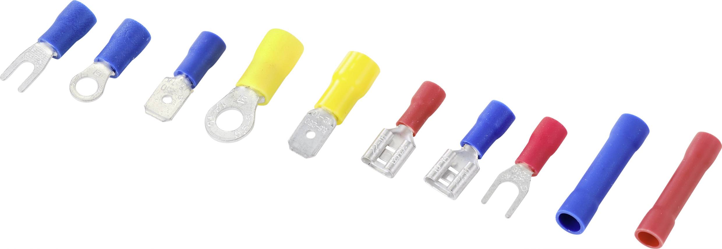 Différentes cosses de câble colorées en plastique et en métal disposées en ligne. Couleurs : bleu, jaune, rouge. Formes variées.