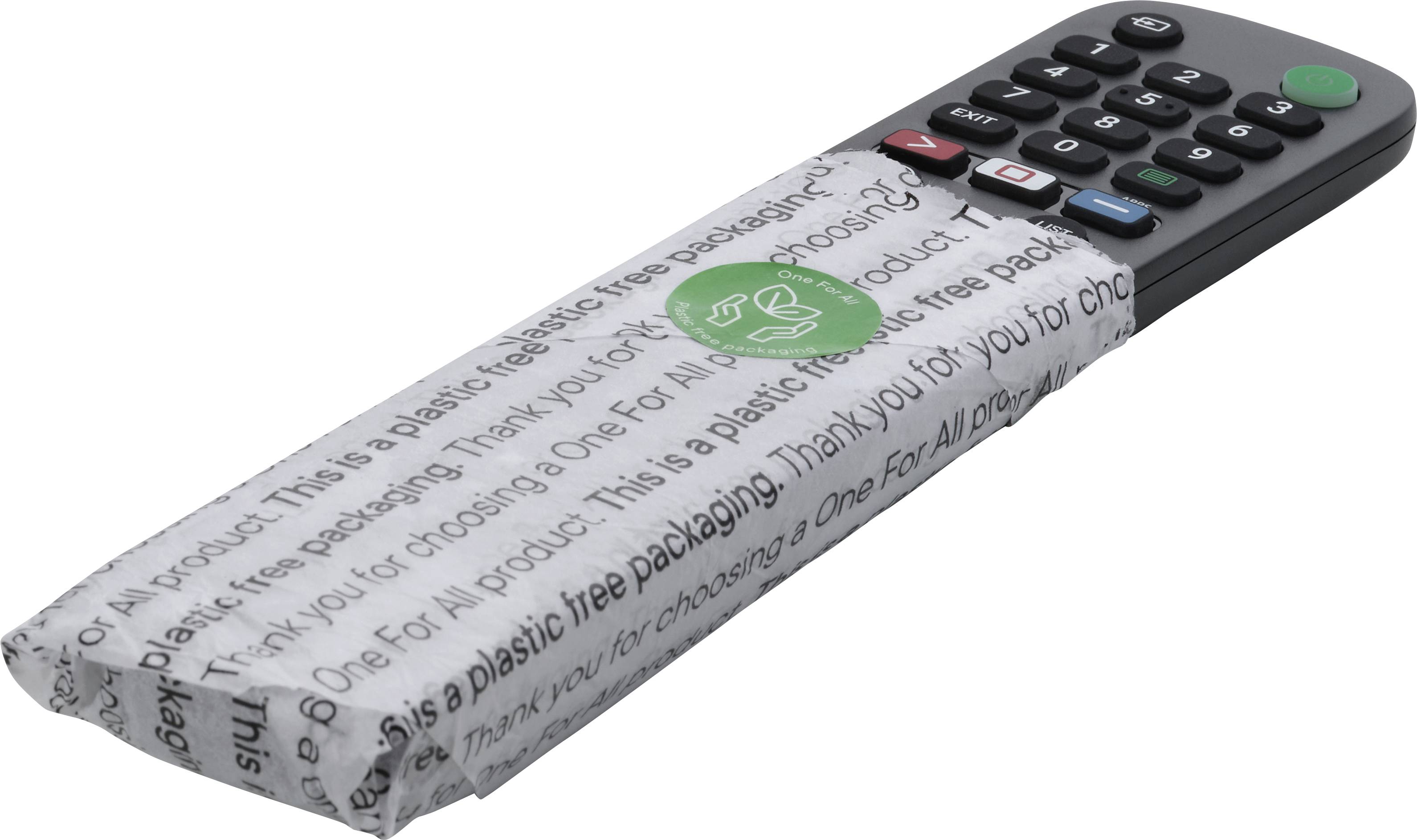Une télécommande noire, enveloppée dans un emballage sans plastique portant l'inscription « This is a plastic free packaging. Thank you for choosing ».