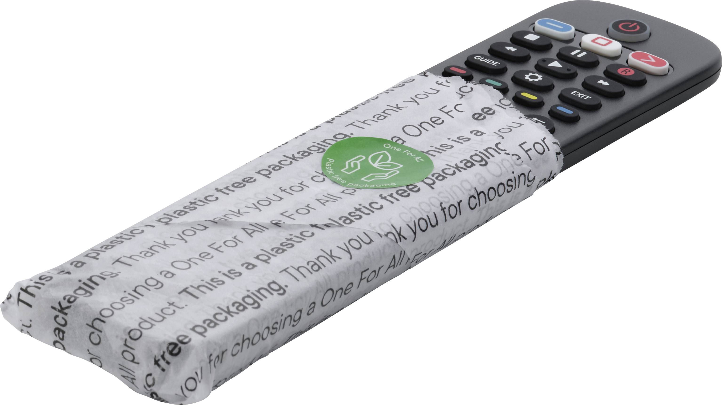 Télécommande dans un emballage en papier imprimé, indiquant un emballage sans plastique.