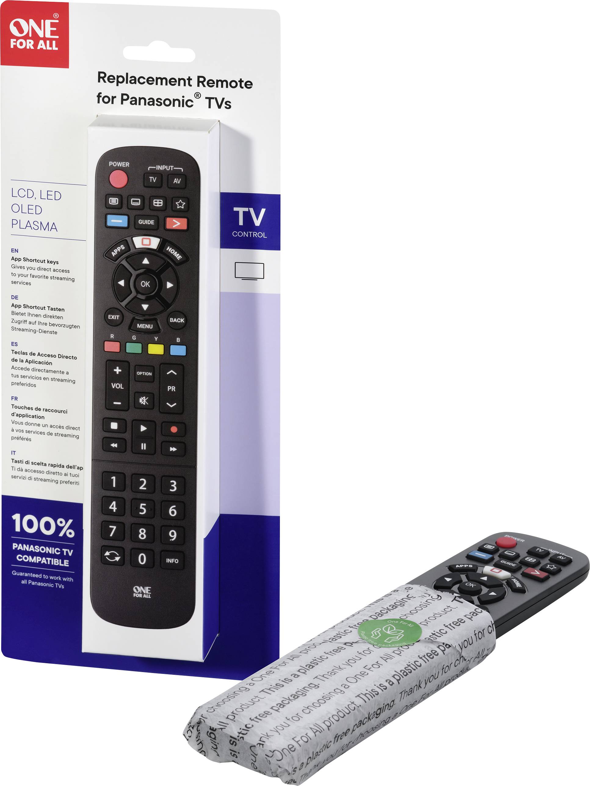 Télécommande pour téléviseurs Panasonic, présentée dans son emballage, posée sur une table. Compatible avec les écrans LCD, LED, OLED et plasma.