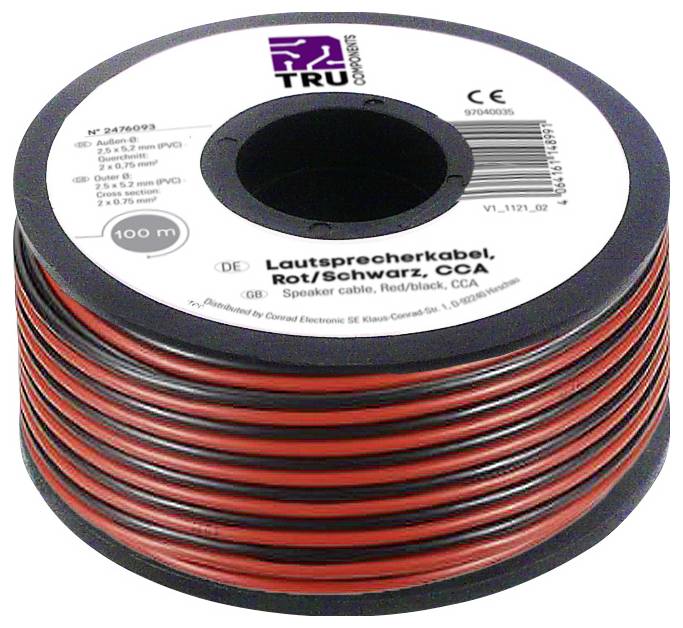 Rouleau de câble pour haut-parleur noir et rouge, longueur de 100 mètres, matériau CCA. Étiquette avec spécifications et informations du fabricant.
