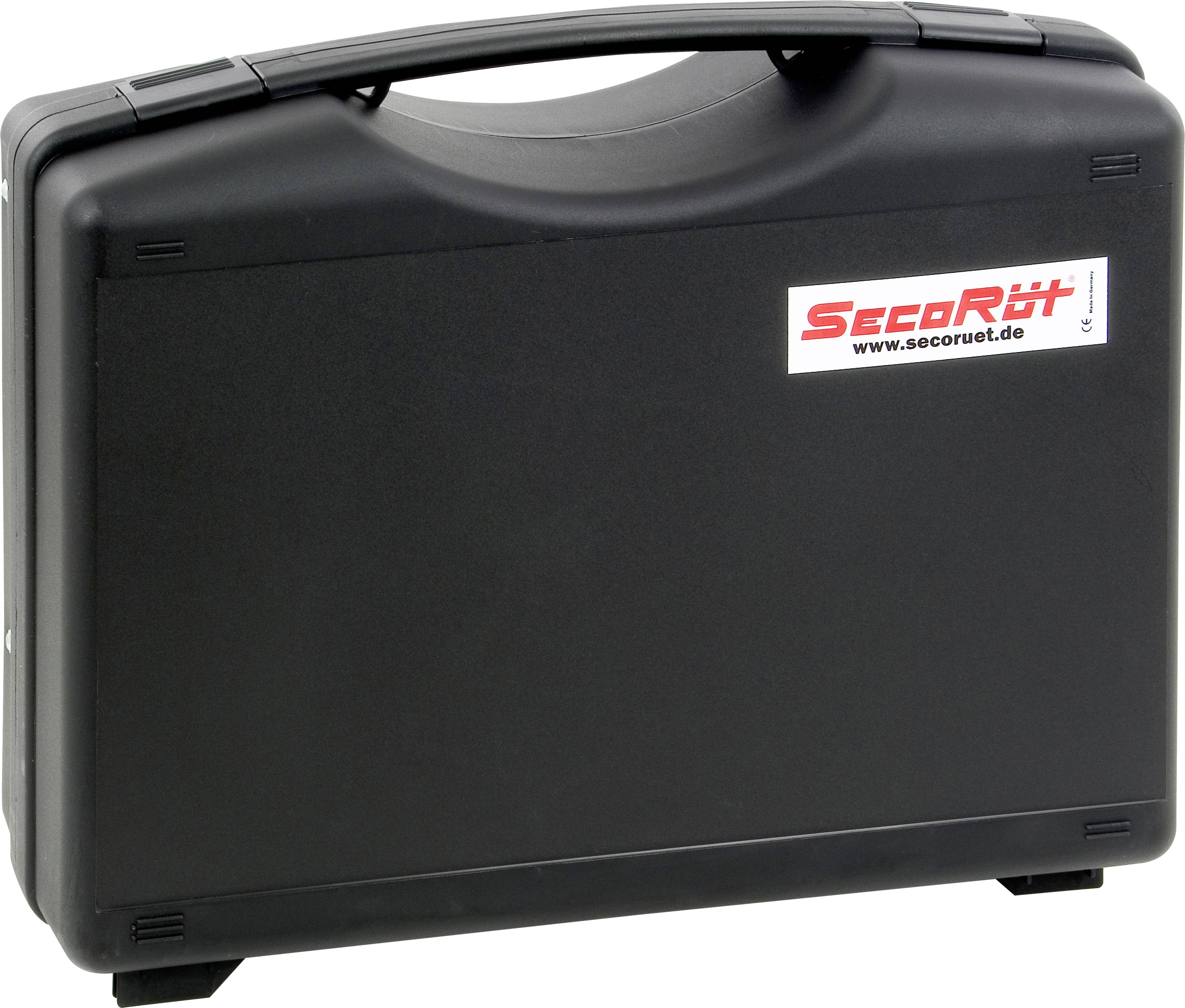Valise en plastique noir avec poignée, autocollant 'SecuRüt www.secoruet.de'.