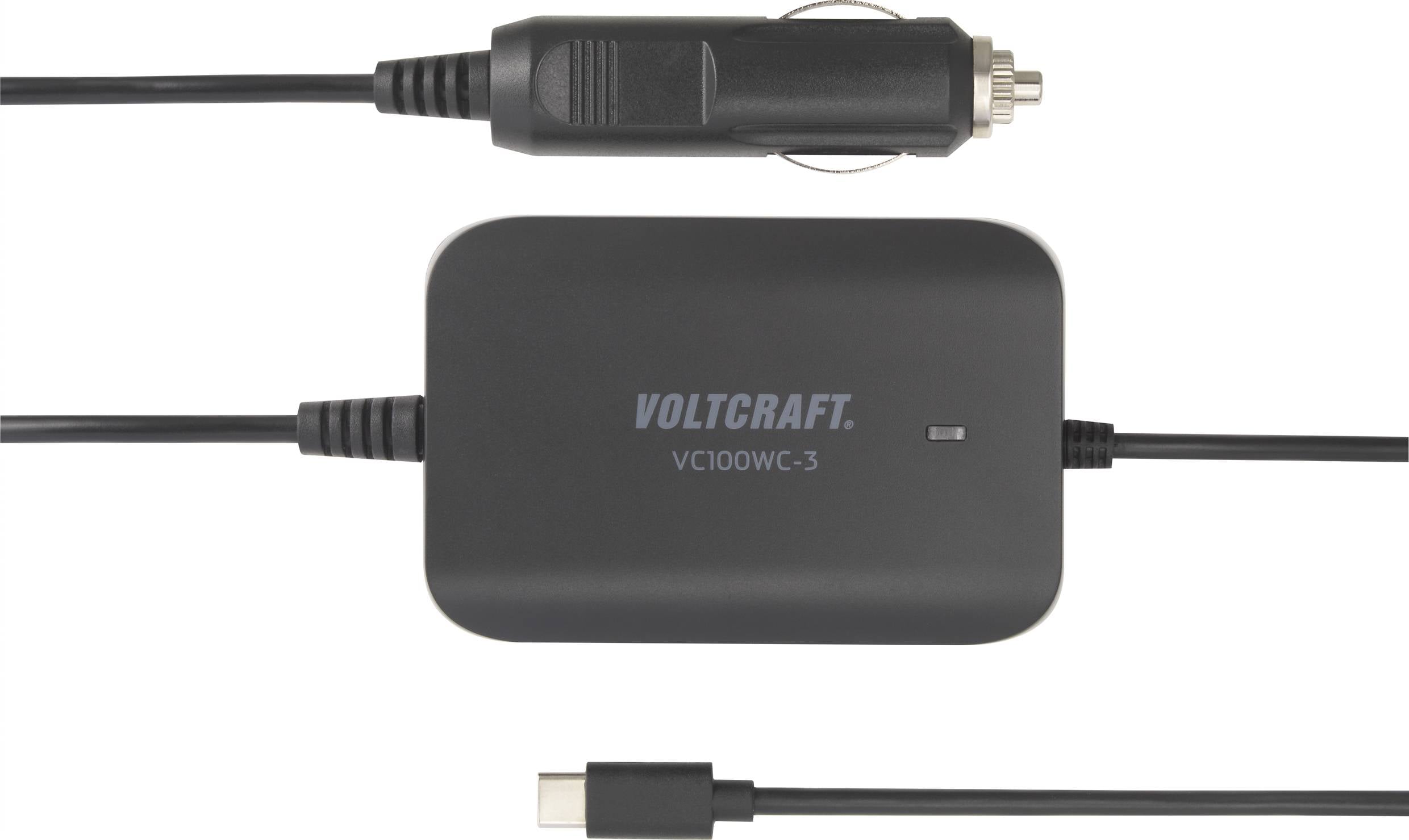 Chargeur Voltcraft VC100WC-3 avec fiche allume-cigare et câble USB-C.