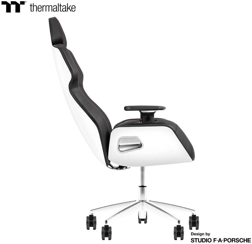 Chaise de bureau ergonomique en blanc avec des accents noirs, conçue par STUDIO F. A. PORSCHE, vue de côté montrant les accoudoirs et le dossier.