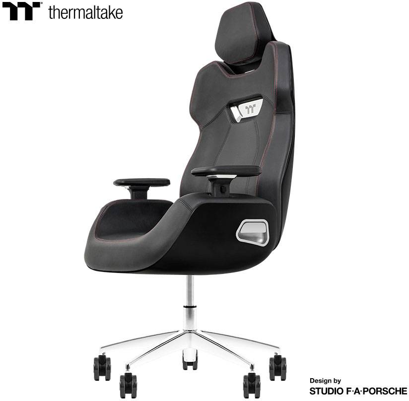 Un fauteuil de gaming ergonomique noir avec des coutures rouges et des accoudoirs réglables, conçu par le Studio F.A. Porsche pour Thermaltake.