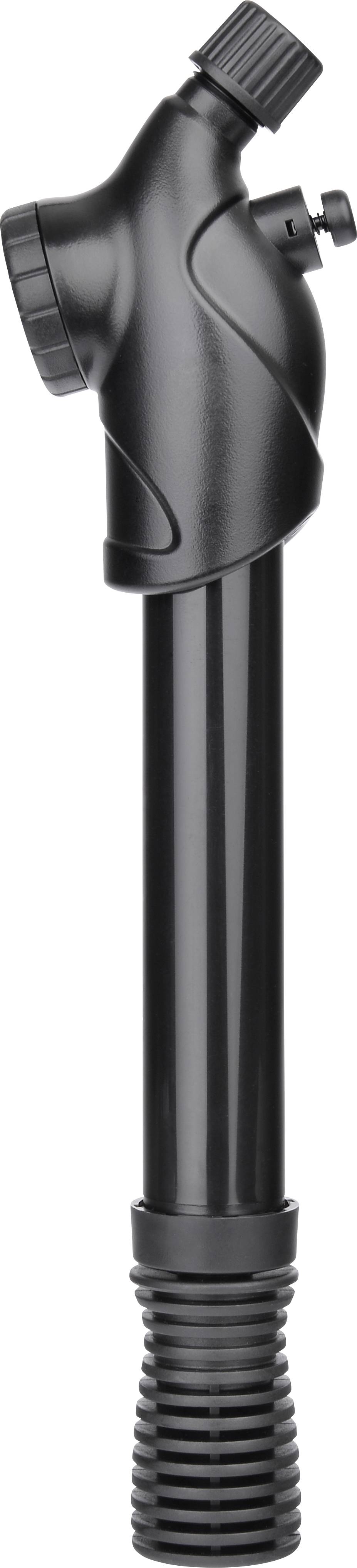 Pompe à air portable noire pour vélo, dotée d'une poignée. Comprend une valve et un embout de fixation.