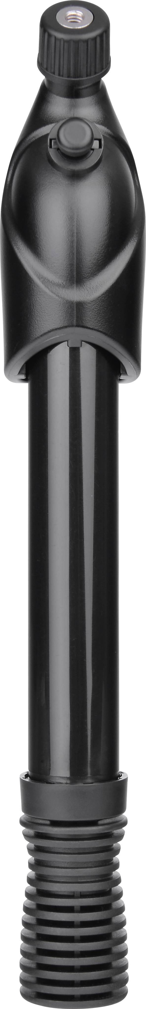 Pompe mini noire, cylindrique, avec tuyau télescopique et poignée ergonomique. Adaptée aux pneus de vélo.