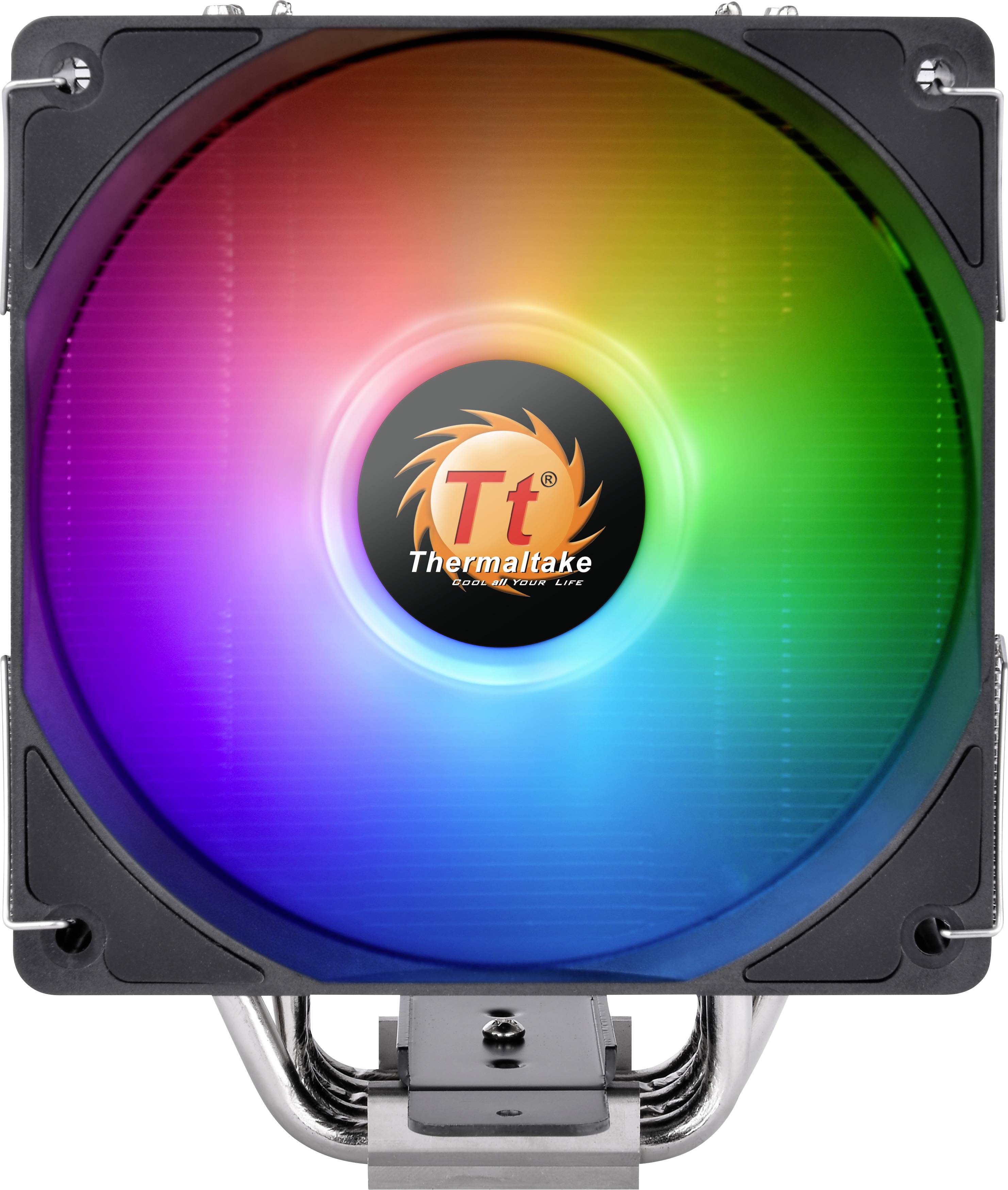 Un ventilateur d'ordinateur Thermaltake avec des lumières RGB colorées au centre.