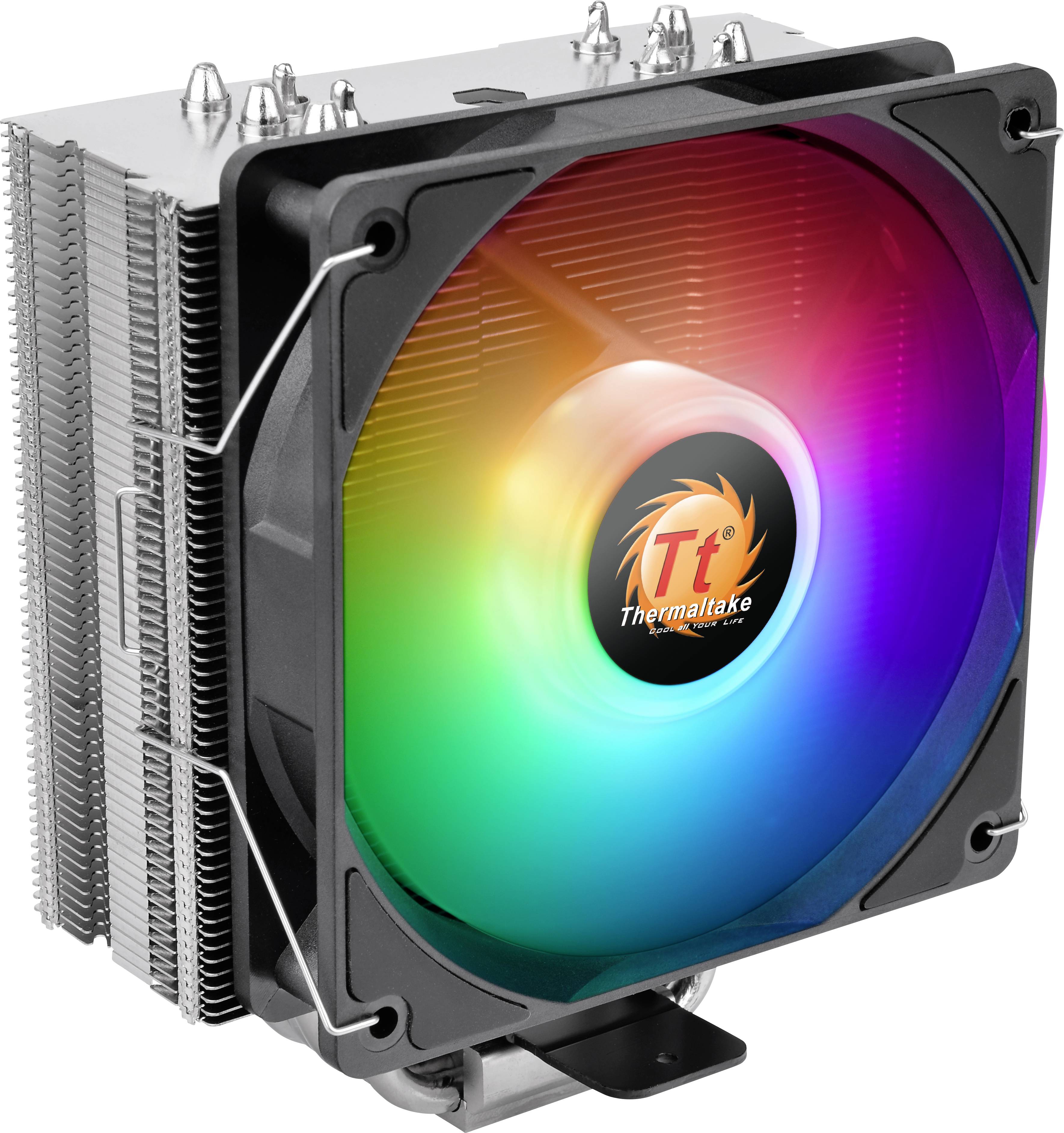 Ventilateur de processeur de Thermaltake avec éclairage RVB dans différentes couleurs.