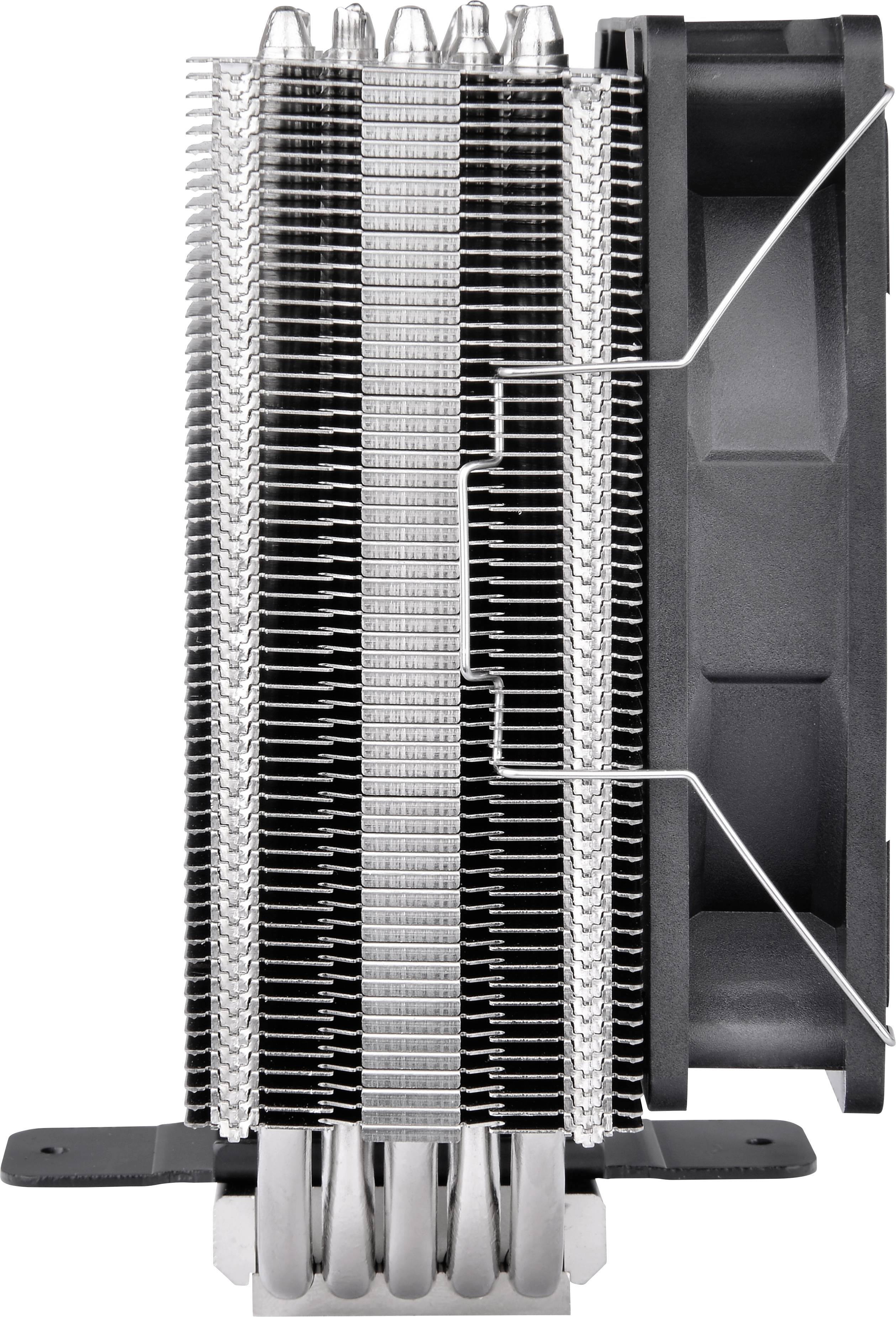 Un dissipateur thermique de CPU avec plusieurs ailettes en aluminium et un ventilateur monté sur le côté pour l'évacuation de la chaleur.