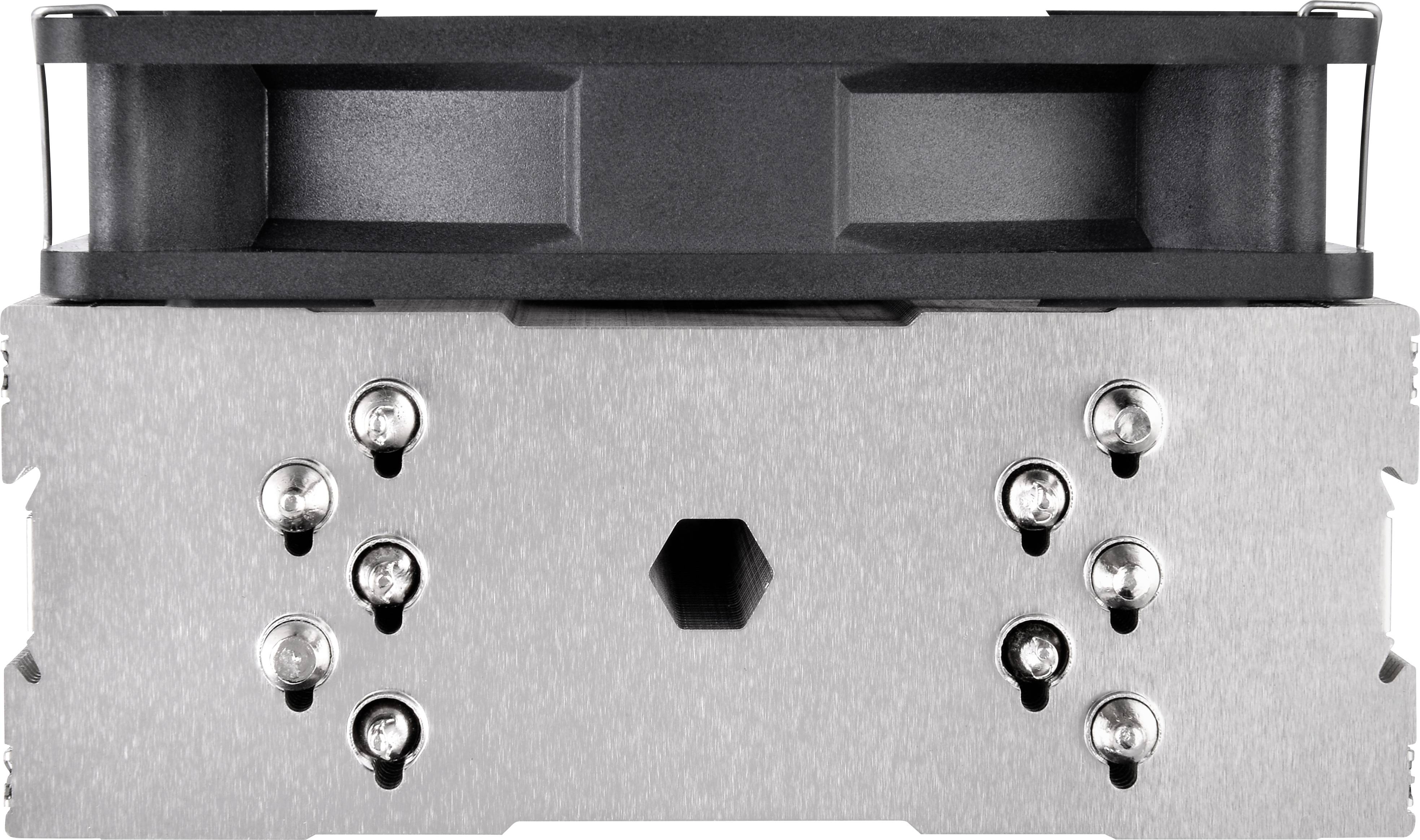 Module argenté avec huit vis visibles, bord supérieur noir et ouverture hexagonale au centre, probablement un composant technique.