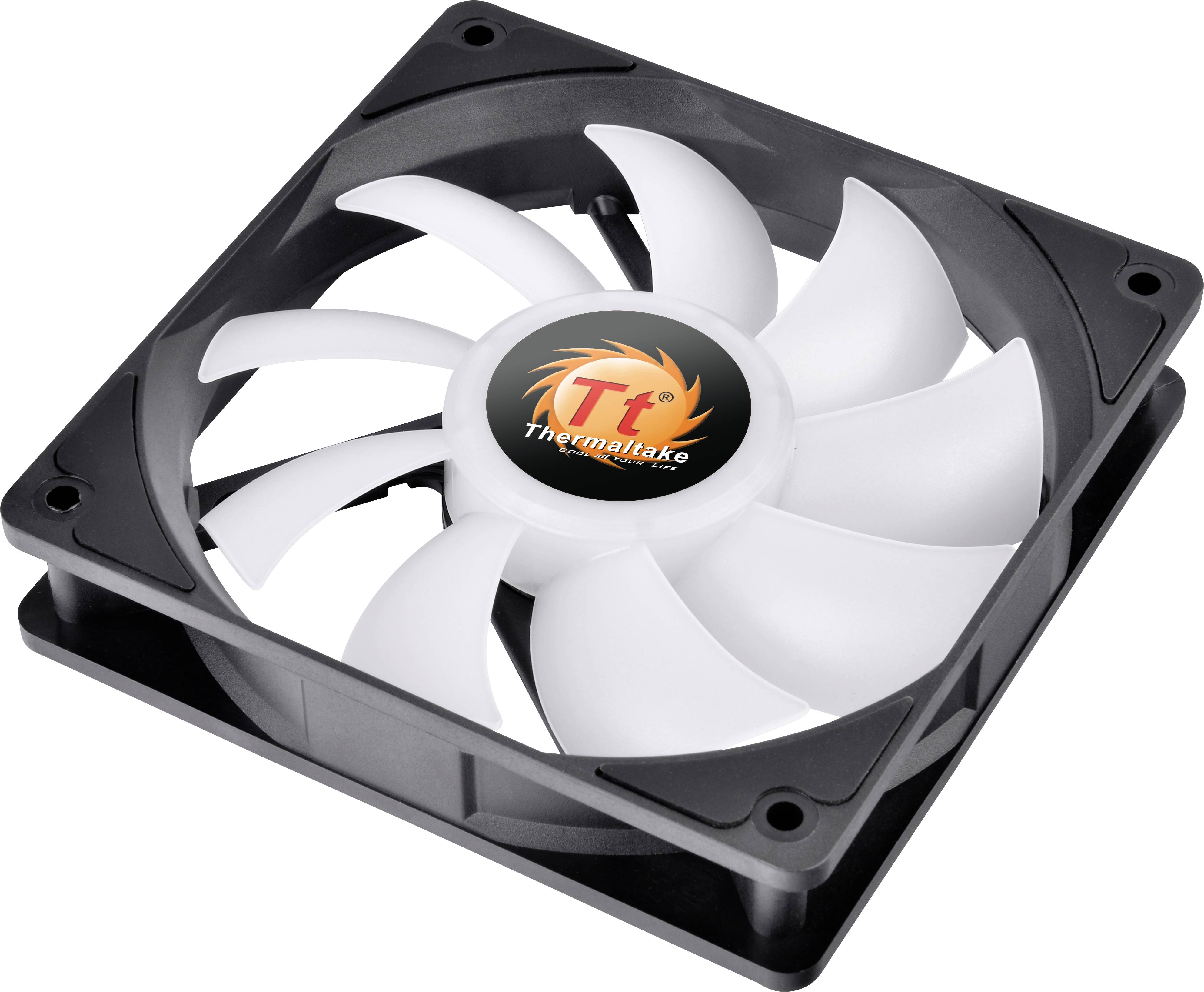 Un ventilateur d'ordinateur noir avec des pales blanches ; le logo Thermaltake rouge et orange est situé au centre.